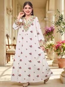 SHEIN Vestido de línea A con decoración de cuello delicado y estampado floral tejido para niña preadolescente, a juego con la hermana, estilo de vacaciones, vestido con vibra - Albaricoque - Ver 6