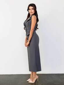 Hindelle Women's Dark Gray Suit Vest Top And Long Half-Body Skirt Two-Piece Set,Skirt Two-Piece Set,Suit Vest Two Piece Set,Teacher Clothes,Fall Women Outfits,Perfect For Everyday, Commuting, Dating, Back-To-School Season, Winter, Business Casual, Elegant - Dark Grey - View 3