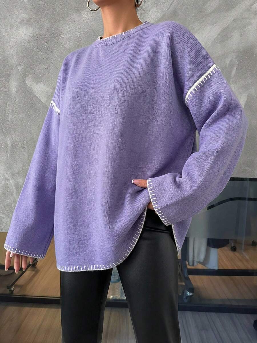 Women's Contrast Trim Crew Neck Casual Pullover Sweater - Lilac Purple - View 1