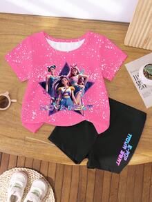 2件套女童休闲时尚创意个性清新可爱简约虚拟少女组合彩色星星水滴图案字母印花短T恤和骑行短裤套装，舒适温暖的夏季款式，适合春季、夏季、日常运动和外出，百搭撞色搭配，适合女孩居家、旅行和所有季节，粉色T恤和黑色短裤女童星星图案上衣 - 彩色 - 查看 4