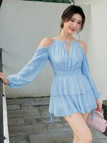 Celisse Vestido de oficina elegante de mujer con hombros descubiertos y mangas farol de unicolor - Celeste - Ver 5