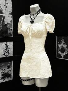 EgrlEra Đầm mini dáng chữ A thắt eo bằng vải ren gợi cảm dành cho nữ - Vàng nhạt - Xem 4