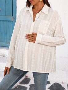 SHEIN Maternity Floral Embroidery Drop Shoulder Long Sleeve Single-Breasted Casual Shirt, Summer Holiday Outfits , Summer Outfits - White - View 1