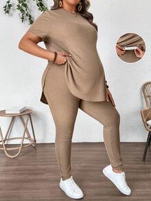 SHEIN 2件套孕妇加大码纯色圆领短袖开衩下摆休闲罗纹针织套装 - 卡其色 - 查看 1