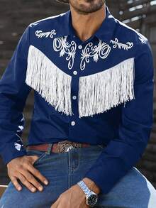 Manfinity Nomadique 男士西部风格流苏装饰长袖衬衫 男士流苏衬衫 男士西部衬衫 男士牛仔竞技衬衫 - 寶藍色 - 查看 3