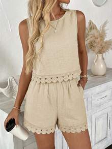 SHEIN LUNE Bộ đồ nữ gồm áo không tay và quần short phối ren, kiểu dáng thường ngày, thích hợp cho kỳ nghỉ hè, đi làm và mặc hàng ngày. - Màu be - Xem 7