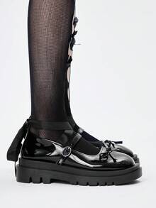 ROMWE 女士时尚甜美蝴蝶结装饰系带平底鞋 - 黑色 - 查看 4