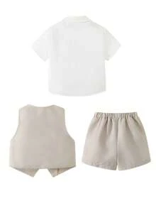 SHEIN 三件套包括:白色衬衫、卡其色马甲、卡其色短裤,男士套装,适合生日派对、锐舞派对、晚宴、演出、婚礼、迎婴派对、一周岁生日庆祝等场合。 - 彩色 - 查看 9