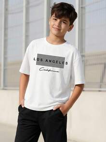 SHEIN Vacaura 1pc Tween Boy Fashionable Letter Printed Basic Round Neck Short Sleeve T-Shirt - White - View 1