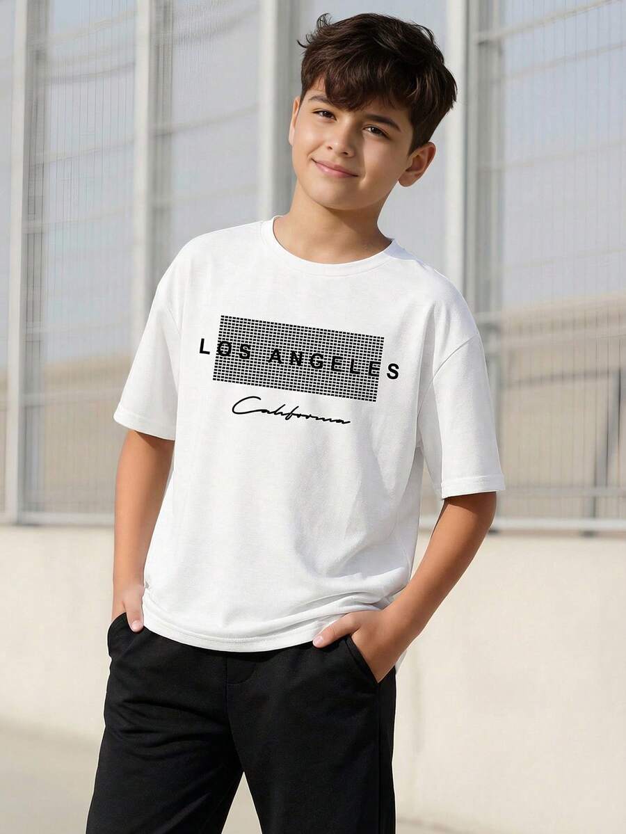 SHEIN Vacaura 1pc Tween Boy Fashionable Letter Printed Basic Round Neck Short Sleeve T-Shirt - White - View 1