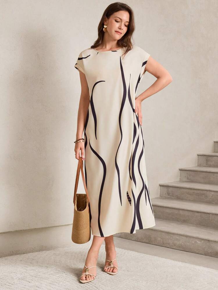 Women's Elegant Black And White Summer Tea Party Dress,Sleeveless Round Neck Relaxed Fit Long Skirt,Abstract Wave Print Casual Beach Vacation Dress