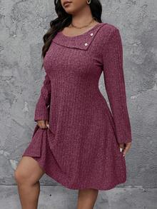 EMERY ROSE Đầm dài tay màu trơn dáng thanh lịch, cỡ lớn, chất liệu gân nổi. - Màu tím - Xem 3