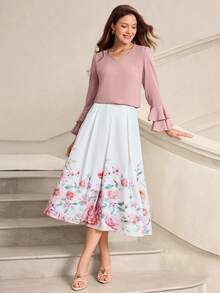 SHEIN LUNE 女士V领荷叶边拼接袖上衣和印花半裙优雅两件套 - 粉色 - 查看 6
