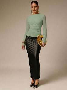 Silquee Kaos Wanita Elegan Berlipit, Pas Badan, Warna Polos, Musim Semi/Gugur - Mint Green - View 4