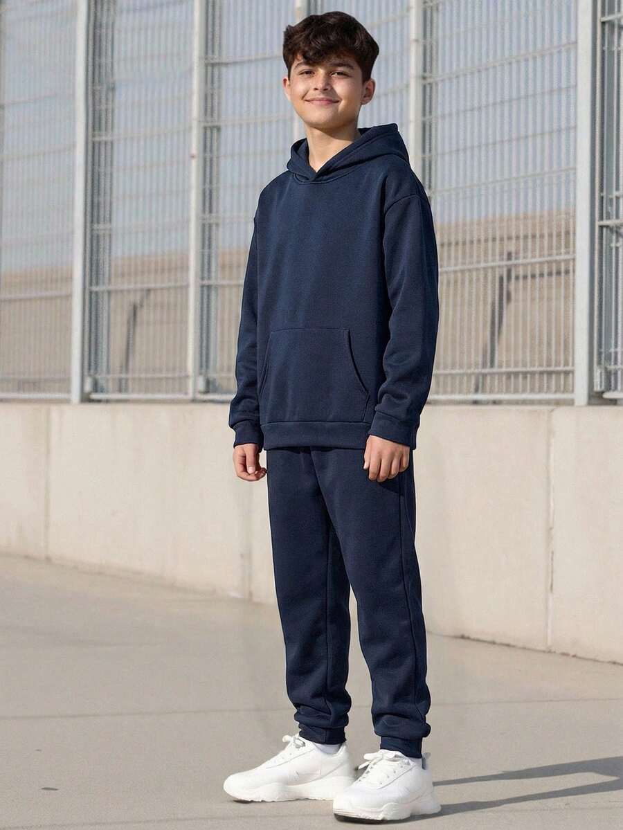 Vacaura 2pcs/Set Teenage Boys' Solid Black Thickened Hoodie With Dropped Shoulders & Casual Sports Jogger Pants