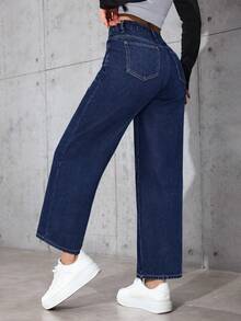 SHEIN PETITE Quần jeans ống rộng cạp cao có túi dành cho nữ, dáng rộng, dễ phối đồ - Rửa tối - Xem 2