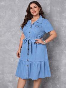 EMERY ROSE Plus Size Women Short Sleeve Single-Breasted Ruffle Hem Casual Denim Shirt Dress - Blue - View 3