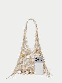 Maija Ladies, Women Crochet Bag, Shoulder Bag, Hobo Bag, Hollow, Tassels, Fashionable, Elegant, Simple, Personalized, Versatile, For Beach, Vacation, Holiday, Summer, Seaside, Beach Party - Beige - View 4