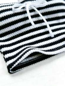 INAWLY Women's Striped Spaghetti Strap Top, Sleeveless Cropped Camisole For Beach & Holiday - Black and White - View 5