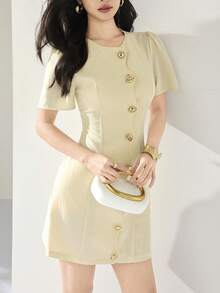 Heiryn Women's Elegant Commuter Metal Buckle Puff Sleeve Short Dress - Yellow - View 1