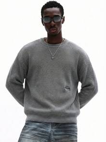 Maglione girocollo a costine SUMWON da uomo con logo frontale, casual, a maniche lunghe, oversize, in maglia grigia tinta unita per l'autunno e l'inverno - Grigio - Visualizzare 4