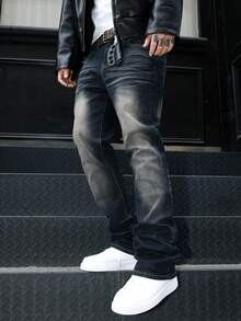 GALLERY FADE Herren Retro Vintage Hufeisen Cowboy Jeans, Slim Fit ausgestelltes Bein Hose geeignet für Streetwear, Lässig Alltag, Wochenendausflüge, Musikfestivals, gesellige Anlässe und mehr. Diese Hose ist ein unverzichtbares vielseitiges Teil in der Garderobe eines Mannes und macht ein tolles Geschenk für Freund oder Ehemann. Streetwear Jeans Herren Jeans Herren Denim Schwarze Jeans Gestapelte Jeans Herren - Mittele Waschung - Übersicht 5