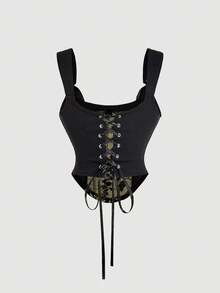 SHEIN MOD Áo croptop corset thắt nơ phía trước, chất liệu jacquard đen cổ điển, thích hợp cho Ngày Valentine, quà tặng Valentine cho nữ, lễ hội Carnival, phong cách thập niên 70, retro, vintage. Áo corset dành cho nữ. - màu đen - Xem 4