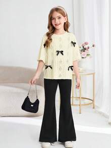 SHEIN Serisse Kids Tween Girls Loose Knit Jacquard Crew Neck Pullover Top And Flare Pants 2 Pieces Set - Mustard Yellow - View 15