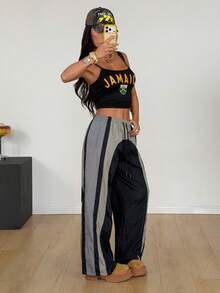 SHEIN EZwear 女士休闲日常通勤时尚街头撞色抽绳腰侧口袋宽松阔腿裤 - 彩色 - 查看 4