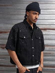 AXEPEAK Men's Washed Rhinestone Embellished Fashion Short Sleeve Shirt - Black - View 5
