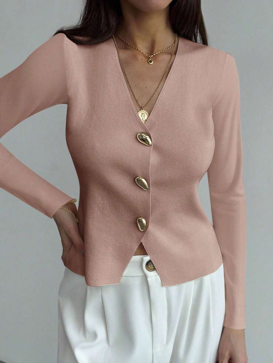 Aloruh 简约杏色V领长袖金属装饰短款女式毛衣，秋冬款 - 藕粉色 - 查看 1