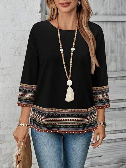 EMERY ROSE Women's Shirt Summers For Women Vacations Woman Going Out Top Women Country Concert Cute Summer Top Going Outs Country Women Going Out Top Bohemian Top Boho Top For Women Women Long Sleeve Top Quarter Sleeve Top, Casual