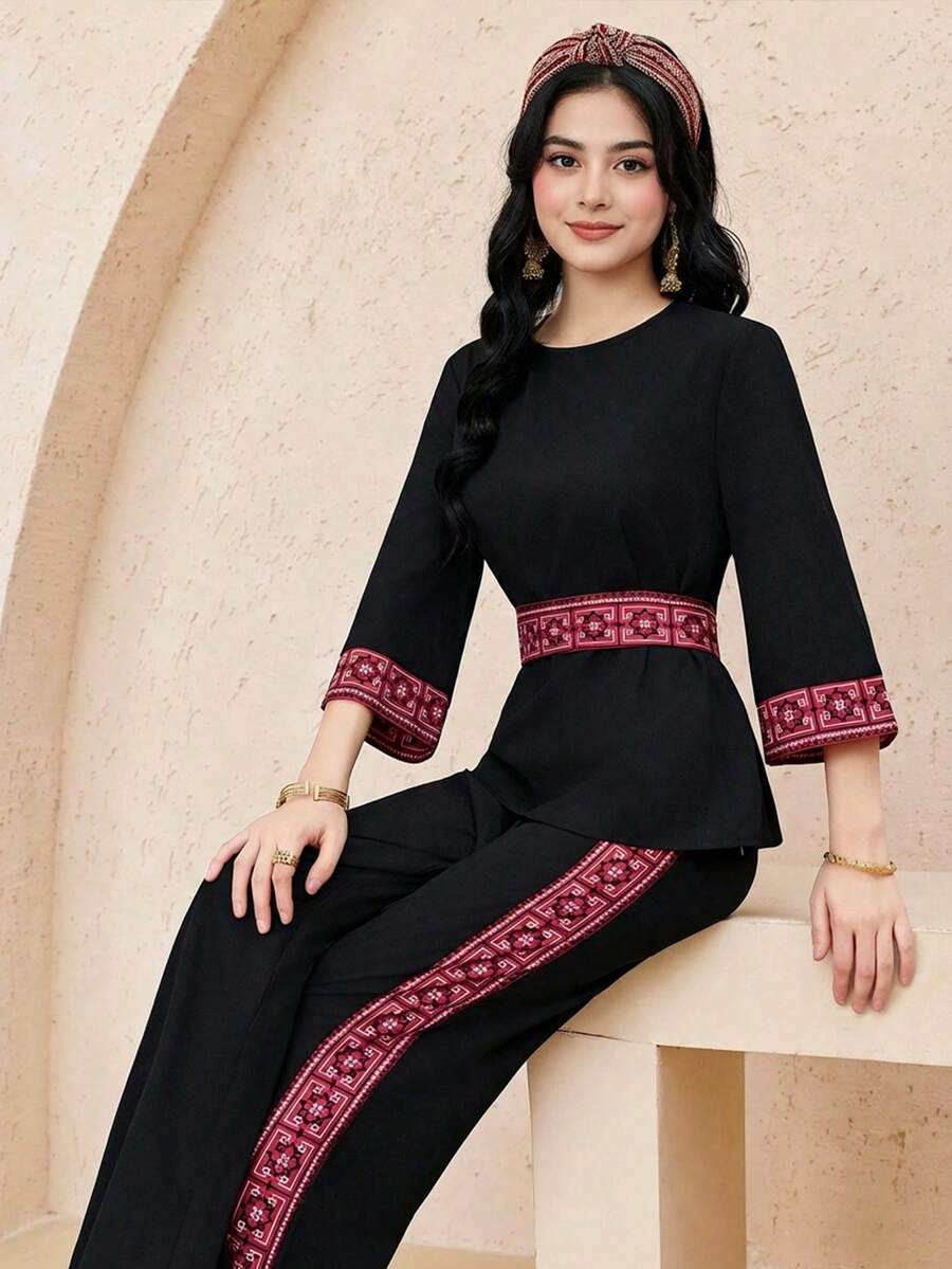 SHEIN Teen Girl Black Patchwork Printed Pattern Round Neck Long Sleeve Shirt And Pants Casual Suit - Black - View 1