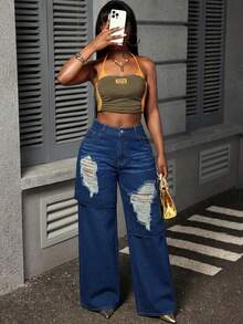 Slaydiva Plus Size Casual Washed Distressed Wide Leg Jeans - Dark Wash - View 7