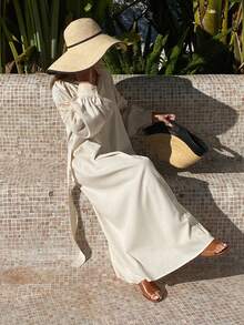 Livesso Đầm midi phối ren, thắt eo, thích hợp cho nữ, kiểu dáng mùa xuân/nghỉ mát. - Màu be - Xem 4