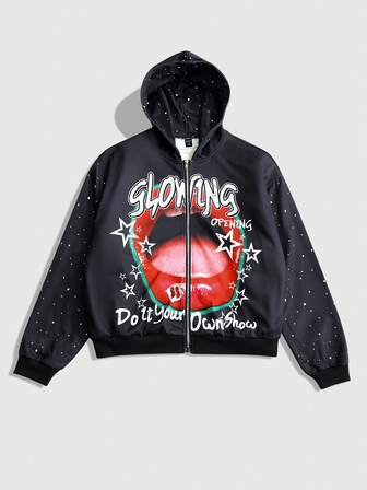 sweat-shirt à capuche zippé décontracté pour hommes avec imprimé lettres et lèvres, automne/hiver