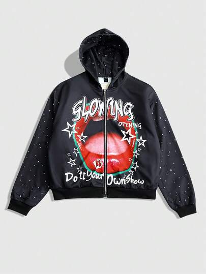 Sudadera con capucha con cremallera y estampado de letras y labios, casual para hombre, otoño/invierno