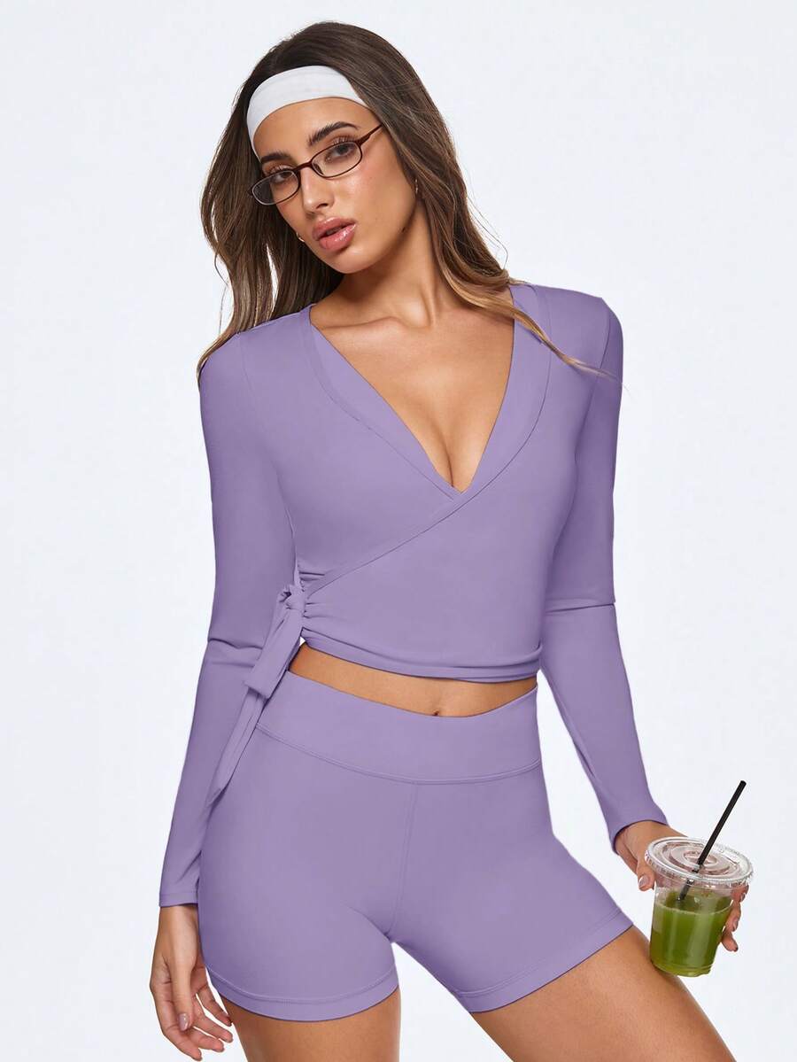 Eassivo Eassivo Women's Purple Wrap V Neck Long Sleeve Crop Top,Stretchy Yoga Outfits, Pink Gym Activewear,Light Pink Top,Women's Casual Sports Tie-Up Long Sleeve T-Shirt - Purple - View 1