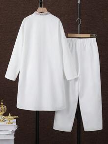 SHEIN 2件套/套 青少年男童休闲绅士风立领长袖衬衫外套和裤子套装，适合通勤、上学、休闲场合、运动、春夏穿着 - 白色 - 查看 3