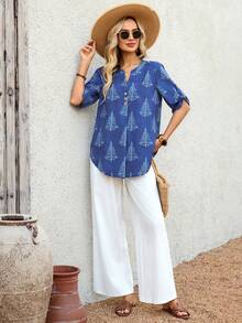 EMERY ROSE 女士休闲度假风翻领卷边袖上衣和阔腿裤两件套，春夏秋季 - 彩色 - 查看 5