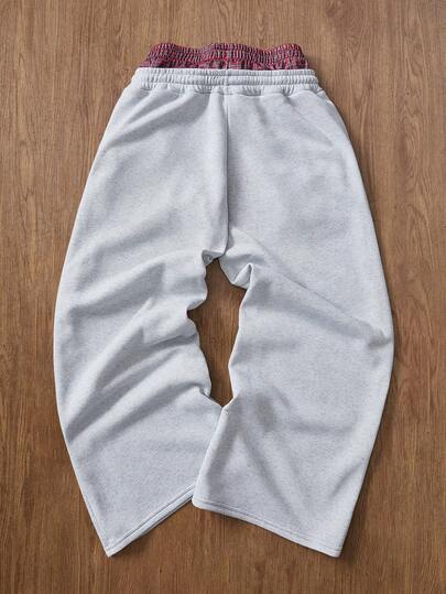 TOKVUE Men's Casual Best-Selling 2 In 1 Waistband Plaid Patchwork Pants, Daily Wear, Gift For Boyfriend/Husband, Anniversary Gift, Light Grey Double Waistband Sweatpants