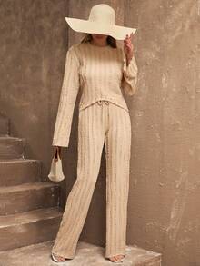 EURMUSE Long Sleeve Crop Top & Drawstring Wide-Leg Pants, Casual And Comfortable Two Pieces Outfit - Beige - View 3