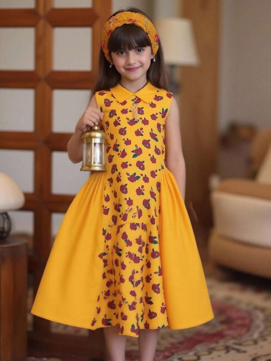SHEIN Gaun Kasual Minimalis Nyaman Berkerah Motif Bunga Blok Warna untuk Anak Perempuan Remaja - Kuning - View 1