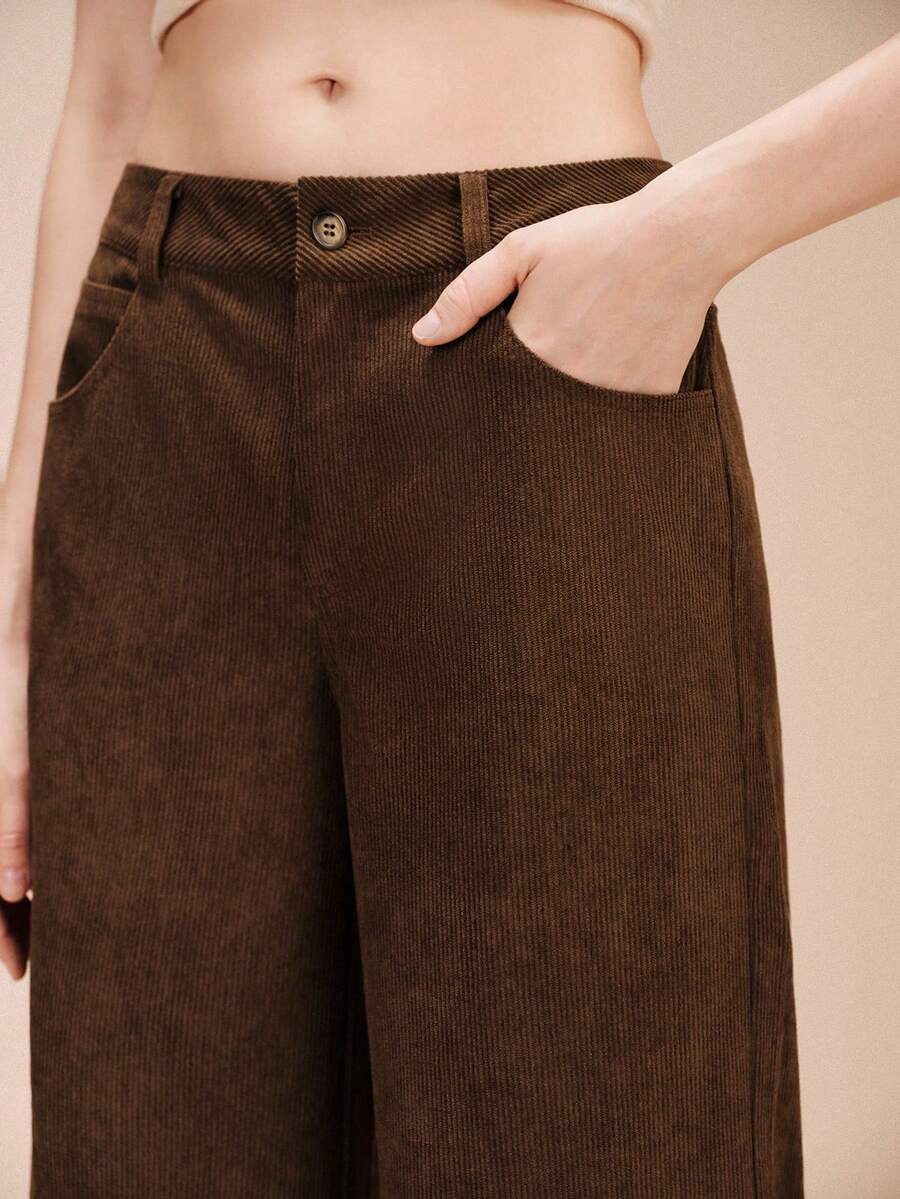 Revavyn Revavyn Women's Corduroy Coffee Brown Straight Leg Extra Long Pants Plain Woven Fabric With Zipper Closure - Coffee Brown - View 1