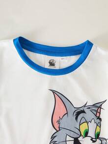 TOM & JERRY X SHEIN Bộ đồ ngủ ngắn tay và quần short in hình chữ hoạt hình ngộ nghĩnh dành cho bé trai tuổi teen, phối màu tương phản, thích hợp cho mùa hè. - Xanh và trắng - Xem 3