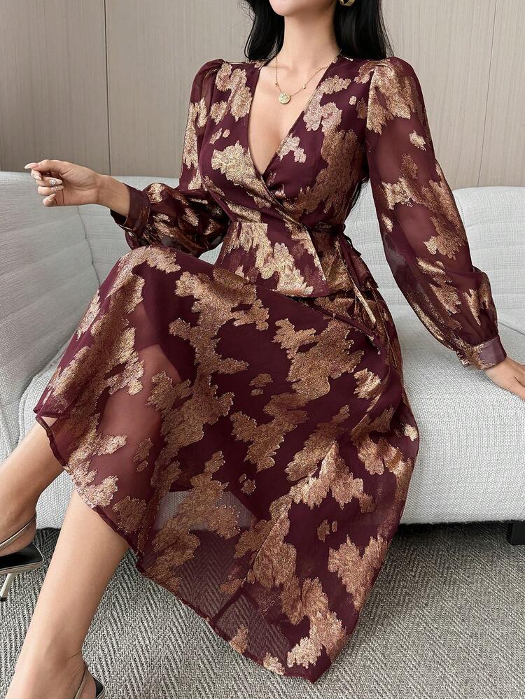 Women's Elegant Floral V-Neck Puff Sleeve Blouse And Skirt 2-Piece Set, Autumn/Winter