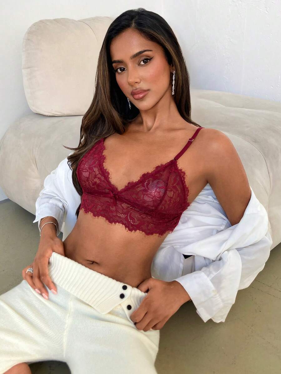 Aloruh Lady Red 半罩杯蕾丝文胸，适合外出工作穿着，纯色蕾丝衬里文胸，带有睡衣风格装饰 - 酒紅色 - 查看 1