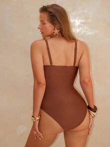 Swim Chiccia Plus Size One-Piece Swimsuit, Solid Color With Metallic Accents, Elegant Series For Women - Brown - View 2