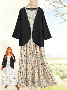 Rusticease 2pcs Plus Size Women Beige Autumn Boho Vacation Holiday Floral Print Dress With Cardigan Set,Early Spring Casual Jacket,Flowy Outfits - Multicolor - View 1