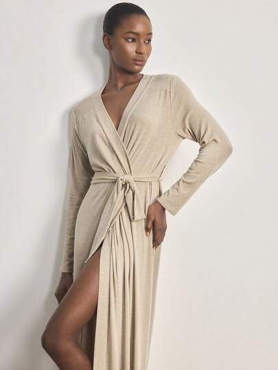 Ocili Women's Lyocell Fabric Warm Fleece Soft Comfortable Natural Minimalist Relaxed Mid-Sleeve Robe Sleepwear, Chic Autumn Slumber